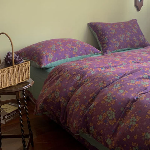 Purple Floral Cotton Gauze Bedding Set(4 PCS)