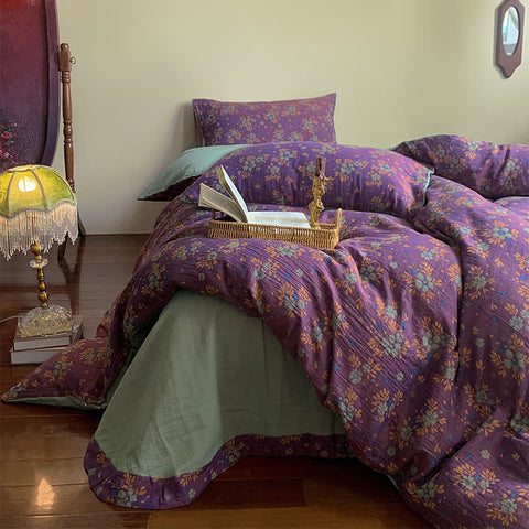 Purple Floral Cotton Gauze Bedding Set(4 PCS)