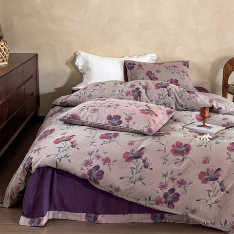 Autumn Rose Hibiscus Cotton Duvet Cover | Bedding Set (4 PCS)