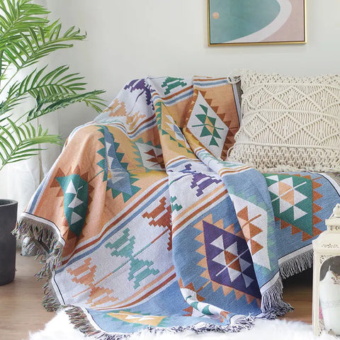 Aztec Cotton Knit Throw Blanket with Fringe