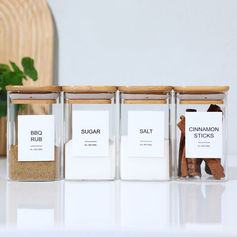 Glass Spice Jars with Labels - Airtight Bamboo Lid