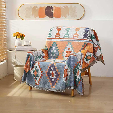 Aztec Cotton Knit Throw Blanket with Fringe