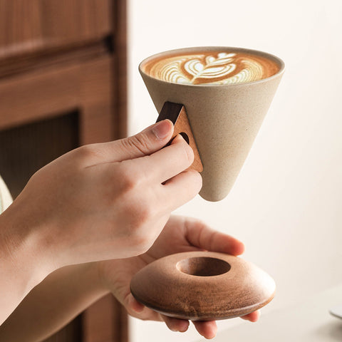Vintage Ceramic Coffee Cup with Wood Coaster