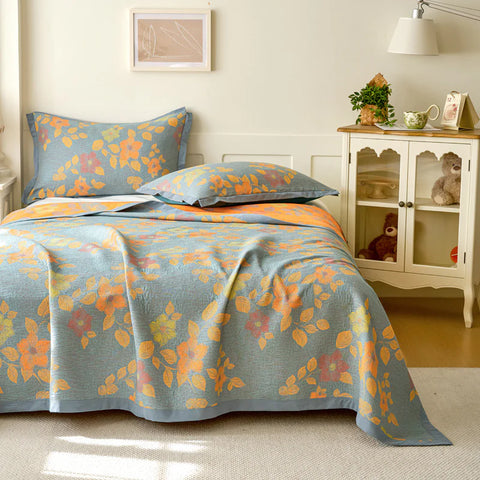 100% Cotton Quilt for Bed - Reversible with Leaf Floral Pattern