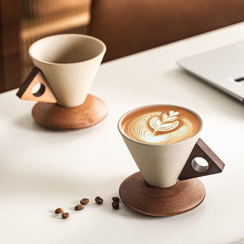 Vintage Ceramic Coffee Cup with Wood Coaster