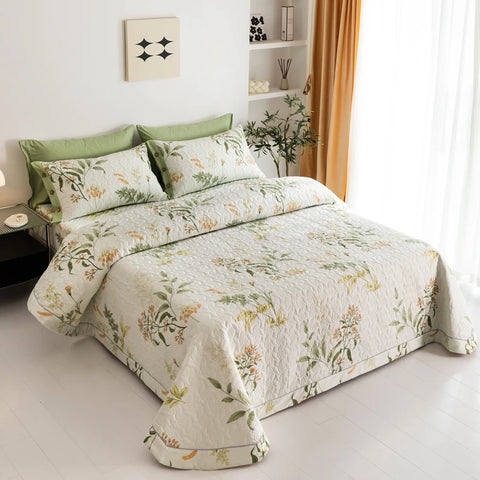 Lightweight botanical quilt set in elegant bedroom with natural light