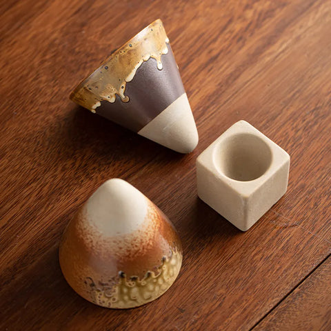 Kyoto handmade espresso cup with natural brown drip glaze on ceramic base