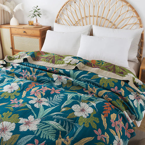 Botanical Floral Reversible Cotton Throw Blanket