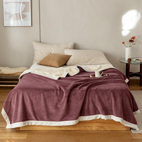 Kumo Harmony Blanket in Purple White on bed – Japanese Milk Velvet Tradition