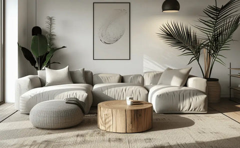 scandinavian-inspired domisana living room with cozy neutral sofa, round wooden coffee table, and minimalist natural decor