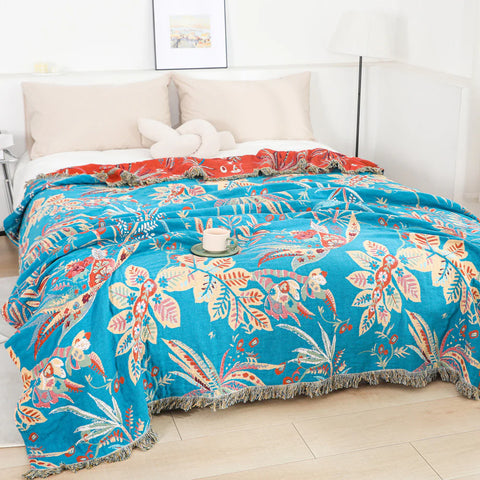 Reversible tropical floral cotton throw blanket full bedspread view