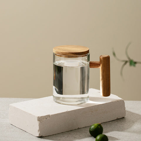Borosilicate Glass Tea Cup - Wood Handle & Lid