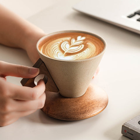 Vintage Ceramic Coffee Cup with Wood Coaster
