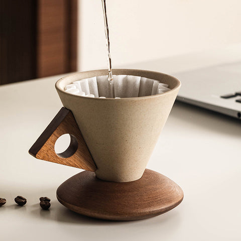 Vintage Ceramic Coffee Cup with Wood Coaster