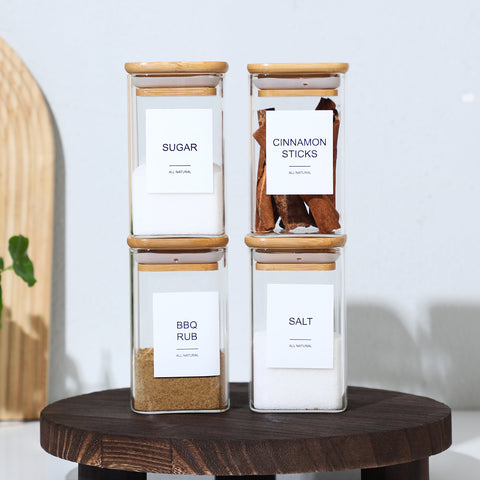 Glass Spice Jars with Labels - Airtight Bamboo Lid