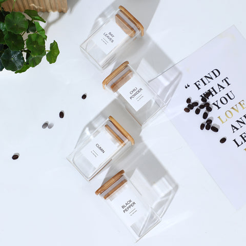 Glass Spice Jars with Labels - Airtight Bamboo Lid
