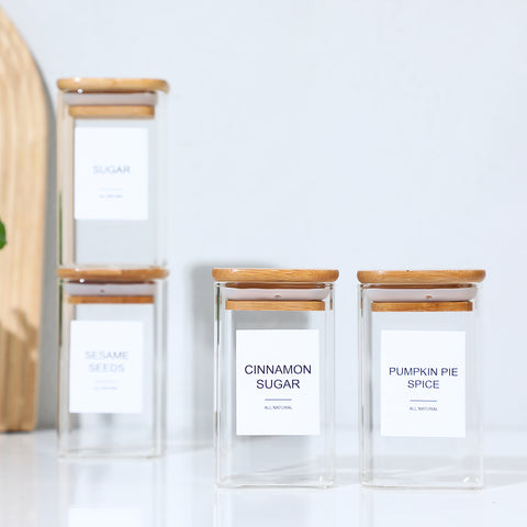 Glass Spice Jars with Labels - Airtight Bamboo Lid