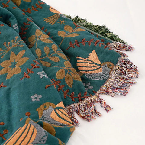 Cotton Throw Blanket - Couch Cover with Reversible Bird Design