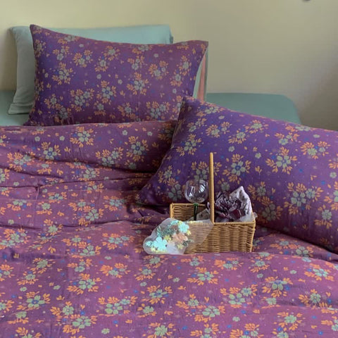 Purple Floral Cotton Gauze Bedding Set(4 PCS)