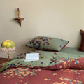 Rustic fall leaf cotton bedding set with reversible sage green and rust design