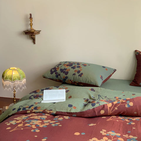 Rustic fall leaf cotton bedding set with reversible sage green and rust design