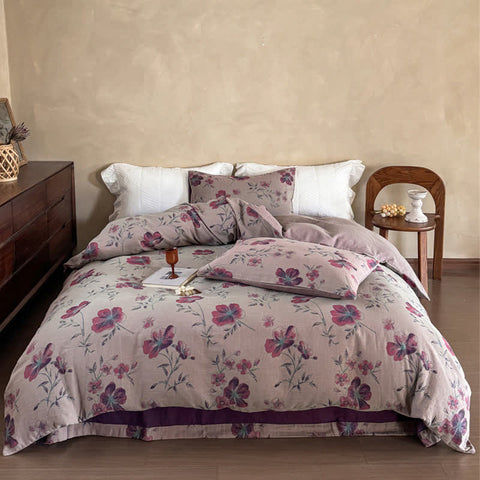 Autumn Rose Hibiscus Cotton Duvet Cover | Bedding Set (4 PCS)