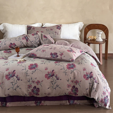 Autumn Rose Hibiscus Cotton Duvet Cover | Bedding Set (4 PCS)