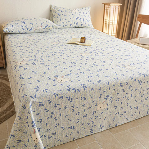 Cotton Flat Sheet Set - Bunny Print & Leaf Designs