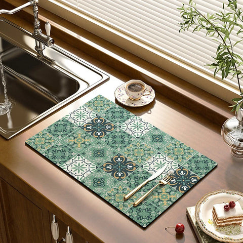 Dish Drying Mat - Vintage Tile Pattern