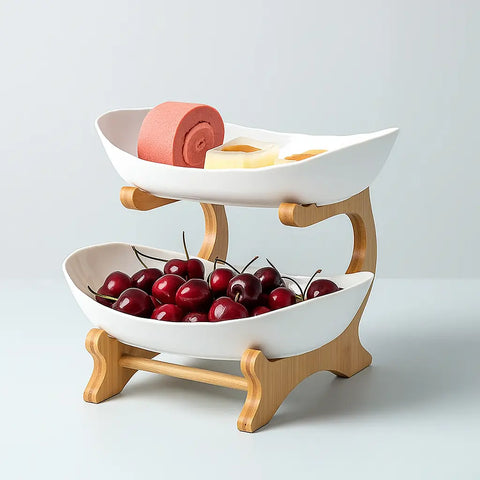 2-tier white ceramic bamboo fruit basket with cherries and cake roll on counter