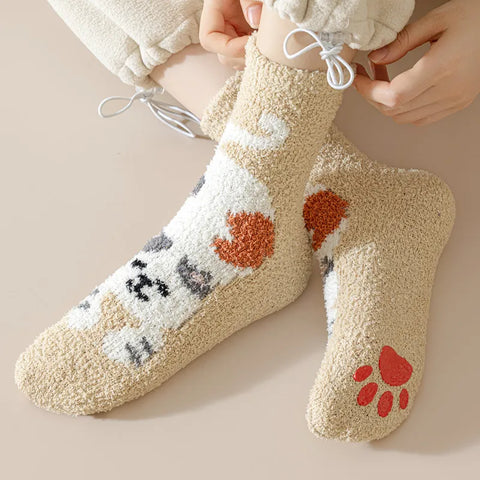 Women's Fuzzy Cat Paw Socks with Grips
