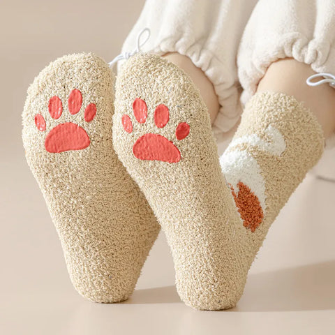 Women's Fuzzy Cat Paw Socks with Grips
