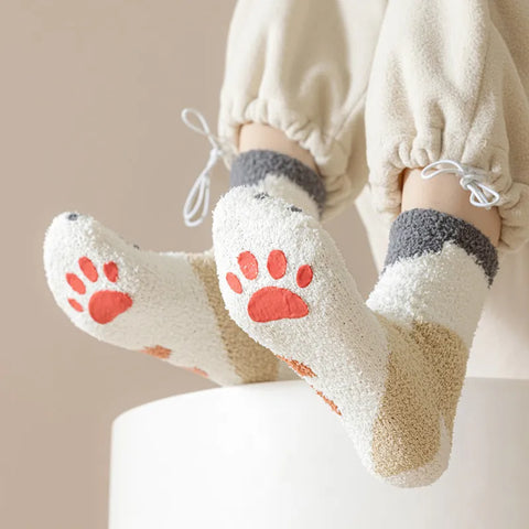 Women's Fuzzy Cat Paw Socks with Grips