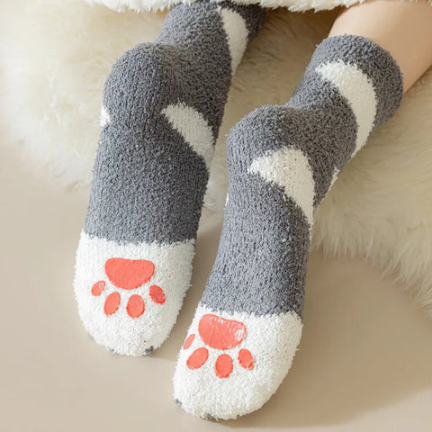 Women's Fuzzy Cat Paw Socks with Grips