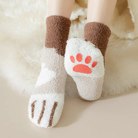 Women's Fuzzy Cat Paw Socks with Grips