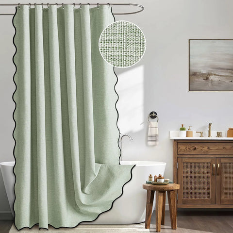Scalloped Linen Bathroom Shower Curtain