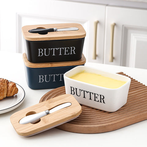 Ceramic Bamboo Butter Dish & Knife Set
