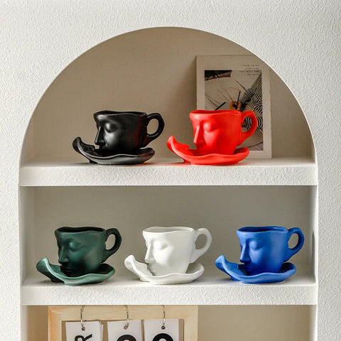 Sculptural Face Espresso Cup - Ceramic Coffee Cup & Saucer