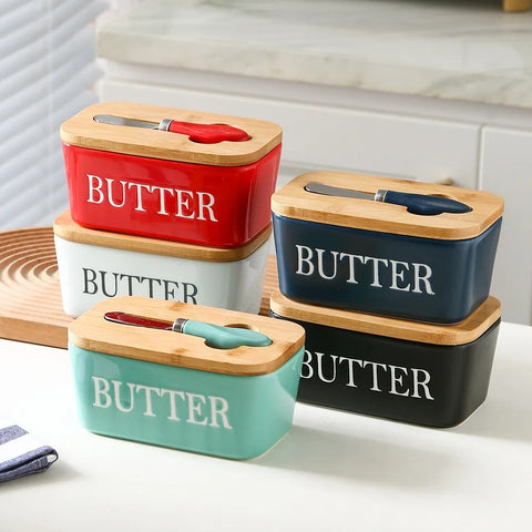 Ceramic Bamboo Butter Dish & Knife Set