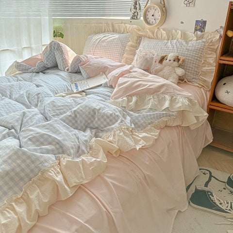 Ruffled Gingham Bedding Set 4PCS