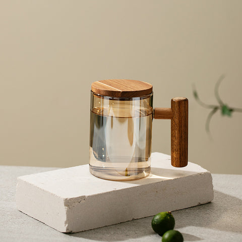 Borosilicate Glass Tea Cup - Wood Handle & Lid