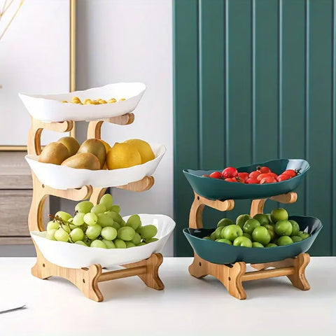 3-tier bamboo fruit basket in white with ceramic bowls holding pears and grapes, modern kitchen organizer