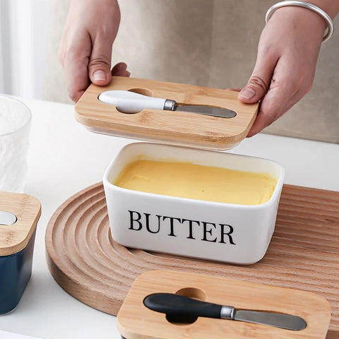 Ceramic Bamboo Butter Dish & Knife Set