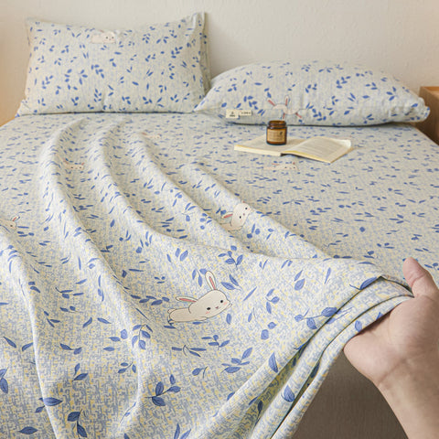 Cotton Flat Sheet Set - Bunny Print & Leaf Designs