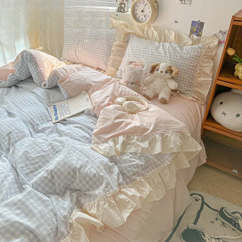Ruffled Gingham Bedding Set 4PCS