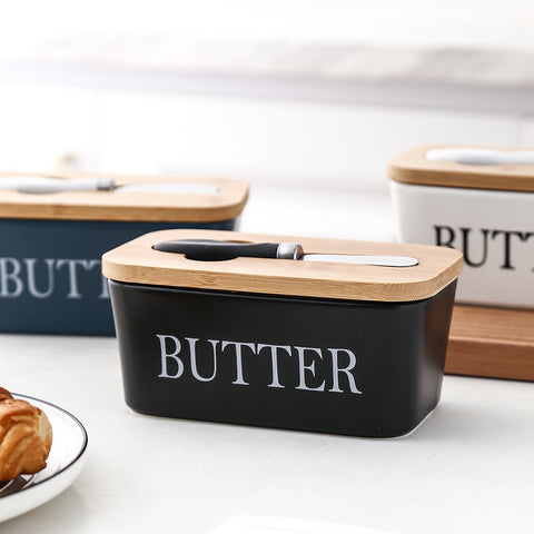 Ceramic Bamboo Butter Dish & Knife Set