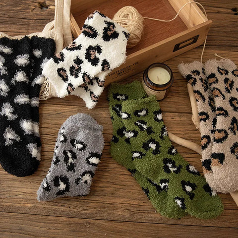Leopard Fuzzy Plush Socks Women