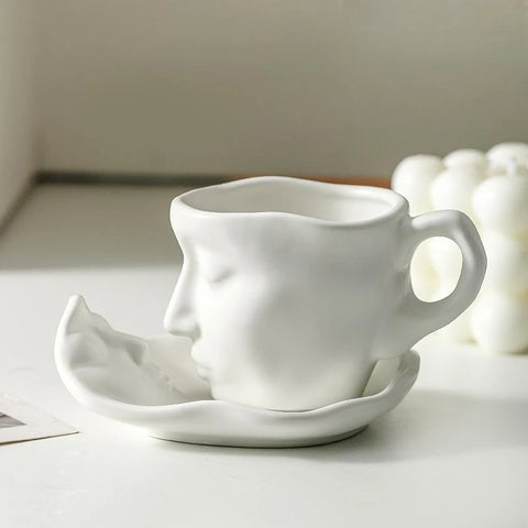 Sculptural Face Espresso Cup - Ceramic Coffee Cup & Saucer
