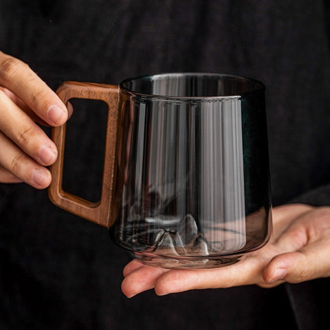 Guanshan mountain glass coffee mug with wooden handle