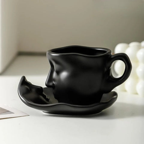 Sculptural Face Espresso Cup - Ceramic Coffee Cup & Saucer